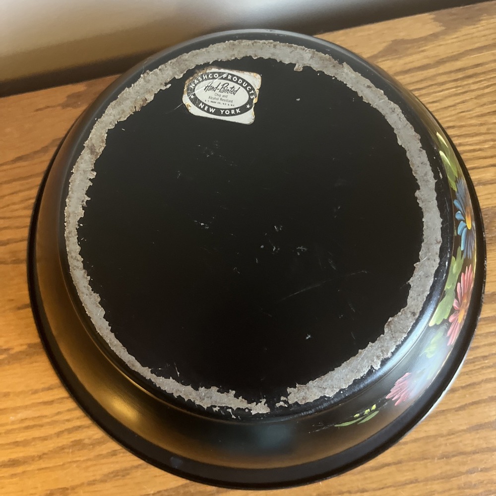 Vintage Nashco Hand Painted Tin Bowl 11 in. Black Floral READ - Picture 5 of 9